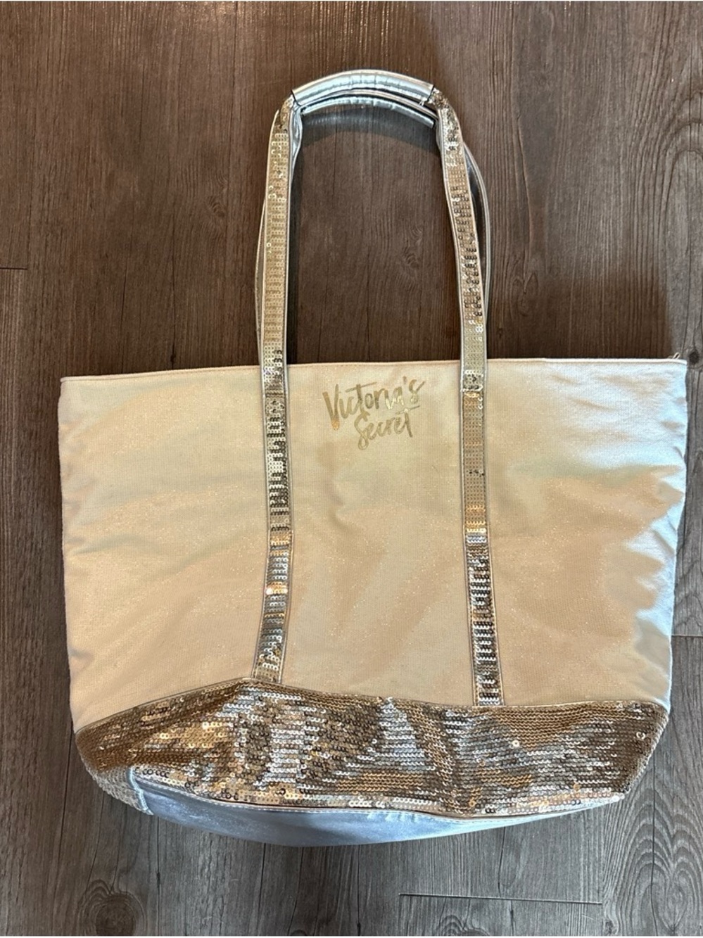 Victoria's Secret Cream Tote with Gold Sequin Accents